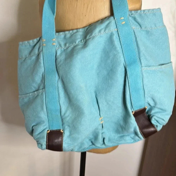 49 Square Miles turquoise canvas, brown leather tote bag XL inner zip + pouches - Picture 7 of 7